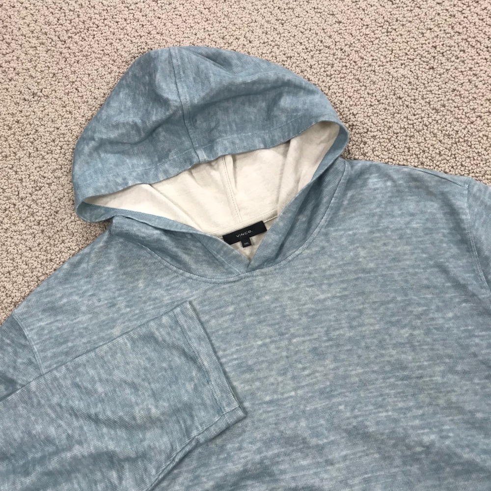 Vince Mens XXL Blue Cotton Linen Blend Lightweight Knit Pullover Hoodie Sweater